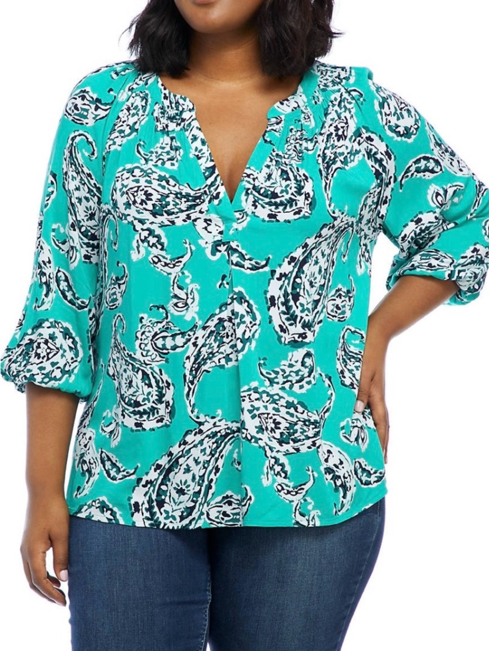 crown & ivy Teal Paisley V-Neck Top